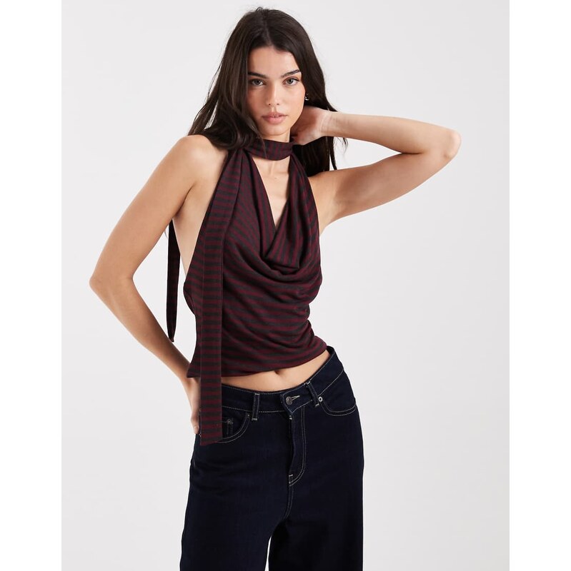 COLLUSION tie halter neck scarf top in red stripe-Multi