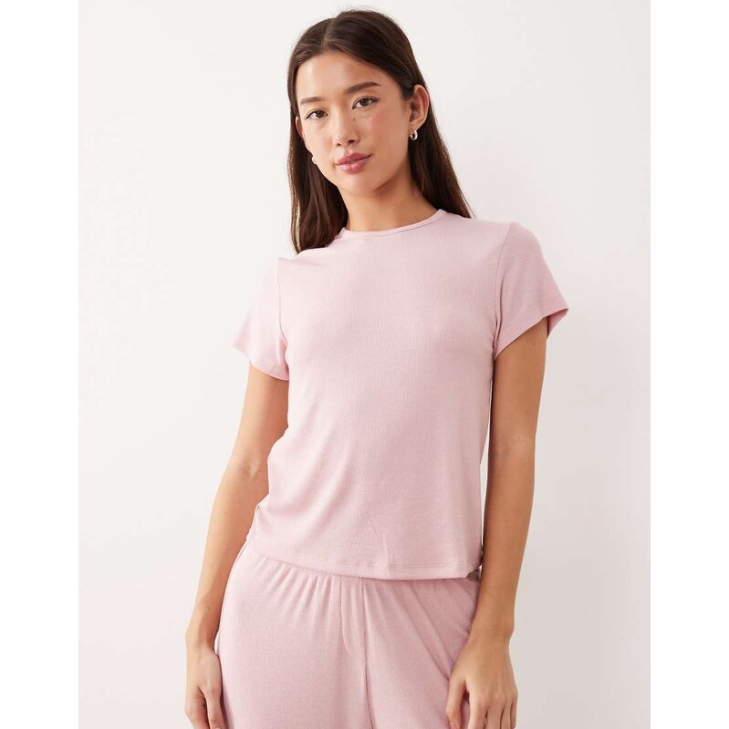ASOS DESIGN mix & match soft rib pyjama t-shirt in light pink-Red 110578977