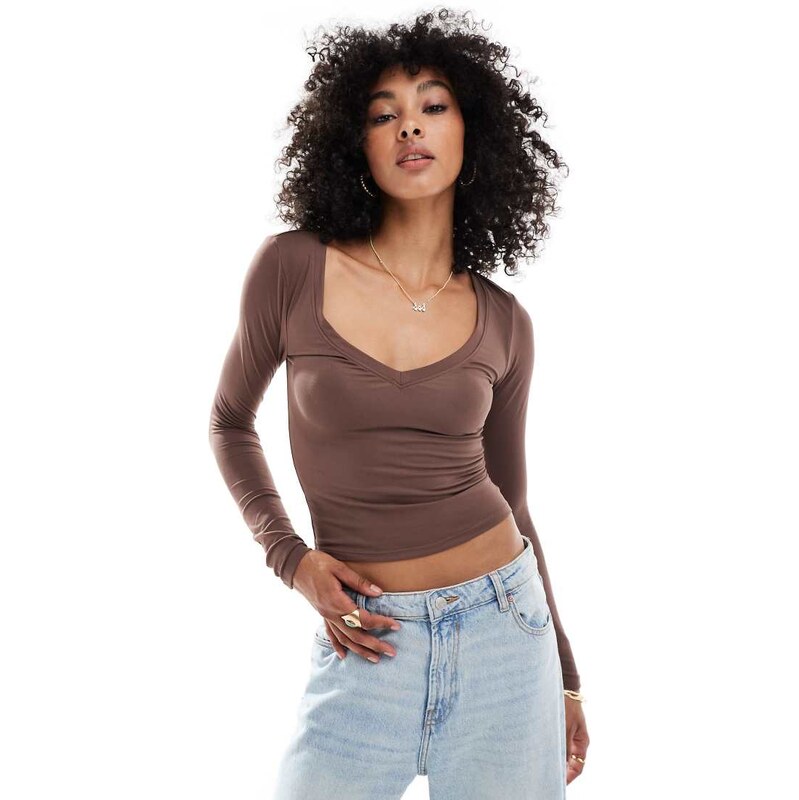 Cotton On ultra soft plunge top in taupe-Brown