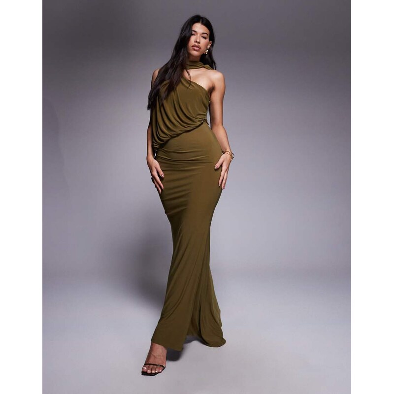 ASOS DESIGN one shoulder slinky drape maxi dress with cape detail in 114833487