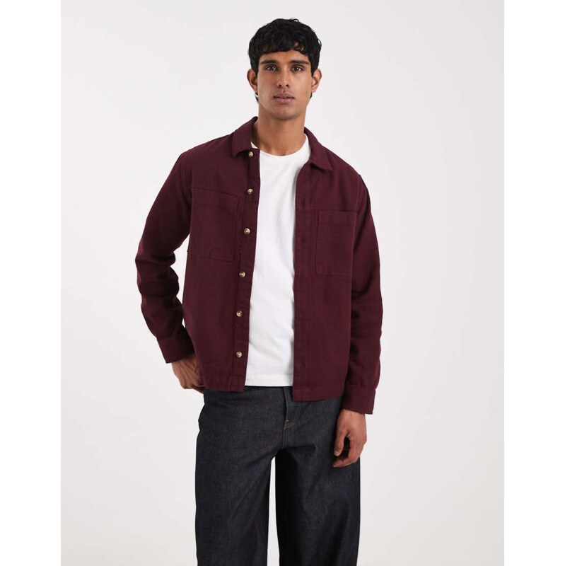 ASOS DESIGN heavyweight cotton twill overshirt in burgundy-Red