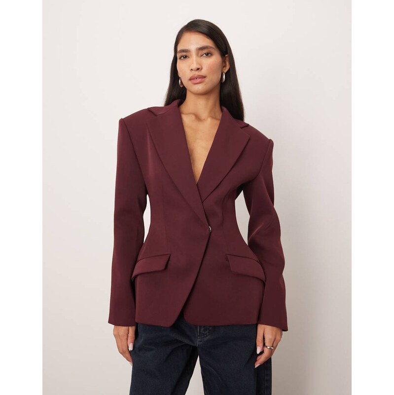 ARRANGE premium tailored blazer with cinched waist in burgundy 110817565