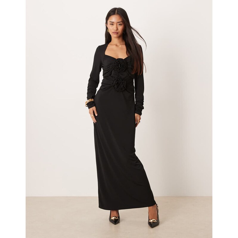YAS long ruched sleeve slinky maxi dress with rosette bodice in