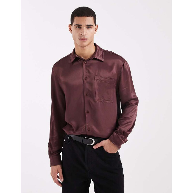 ASOS DESIGN relaxed satin shirt in brown
