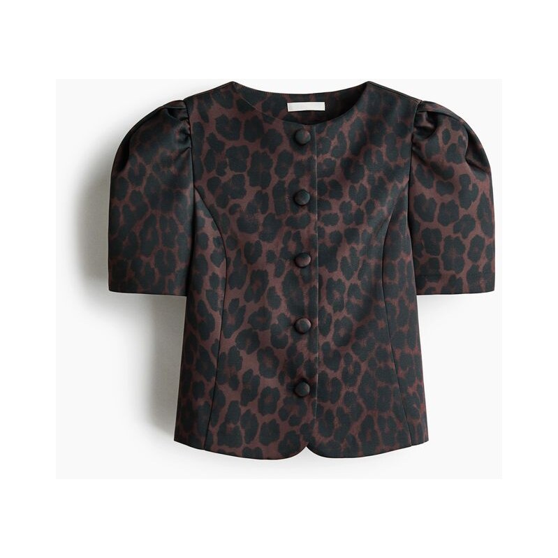 H&M - Halenkas nabíraným rukávem - Tmavě Hnědá/Leopardí Potisk