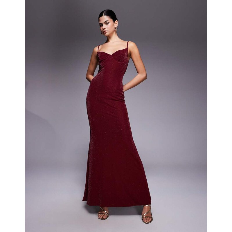 Wanderdoll Leah sculpted cup detail cami maxi dress in burgundy
