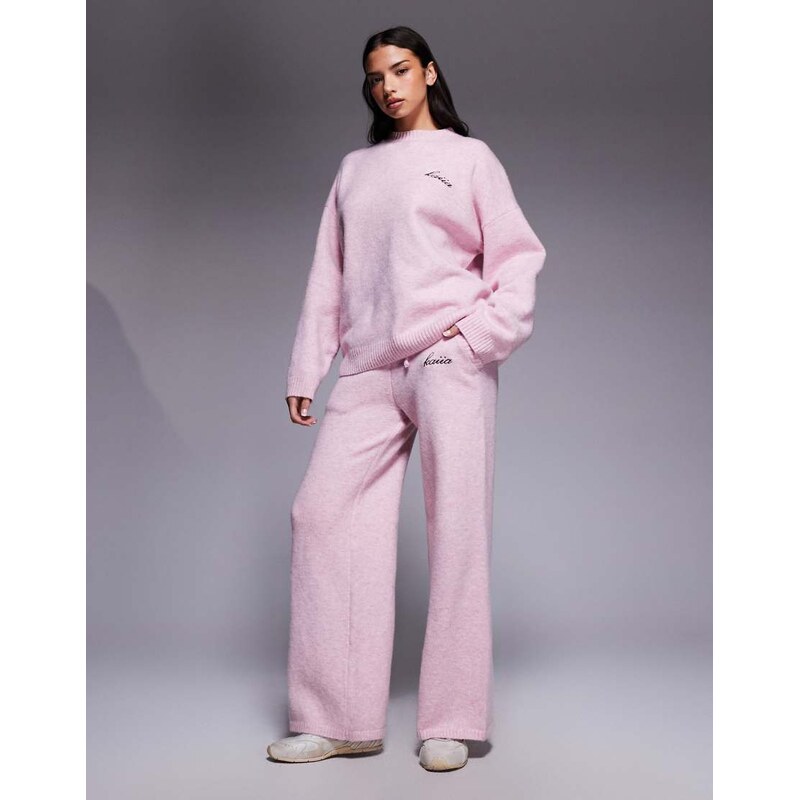 Kaiia knitted embroidered logo wide leg trouser co-ord in soft
