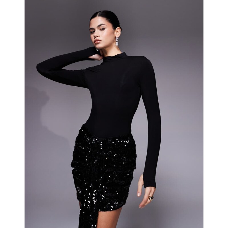Wanderdoll Nara sculpted high neck bodysuit co-ord in black