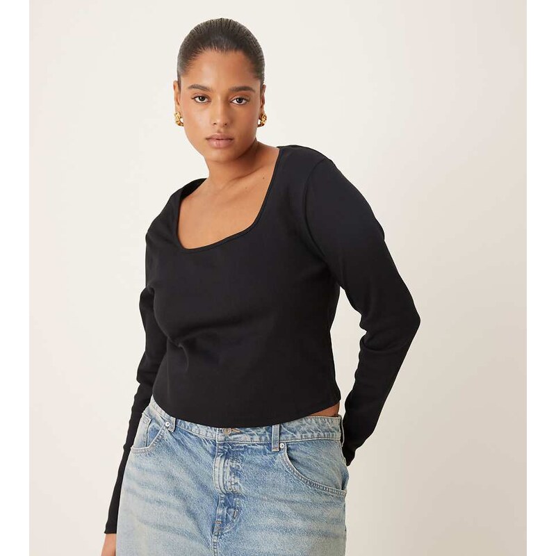 ASOS Curve ASOS DESIGN Curve square neck rib long sleeve top in black 110579020