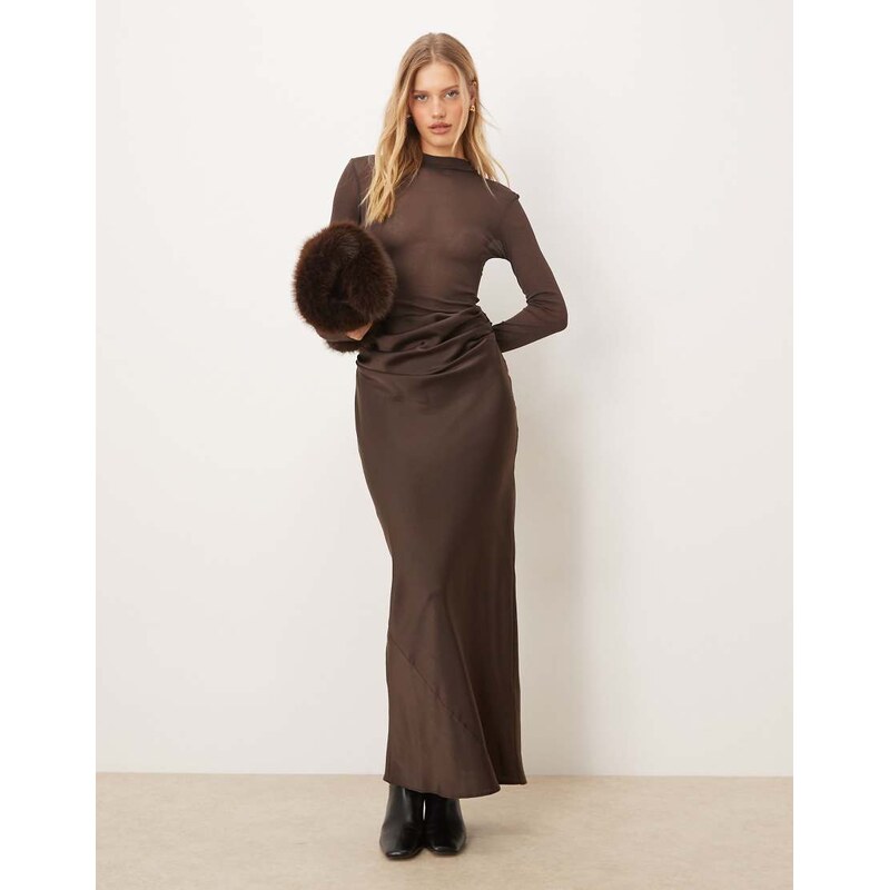 ASOS DESIGN sheer high neck bodice drape satin maxi dress in