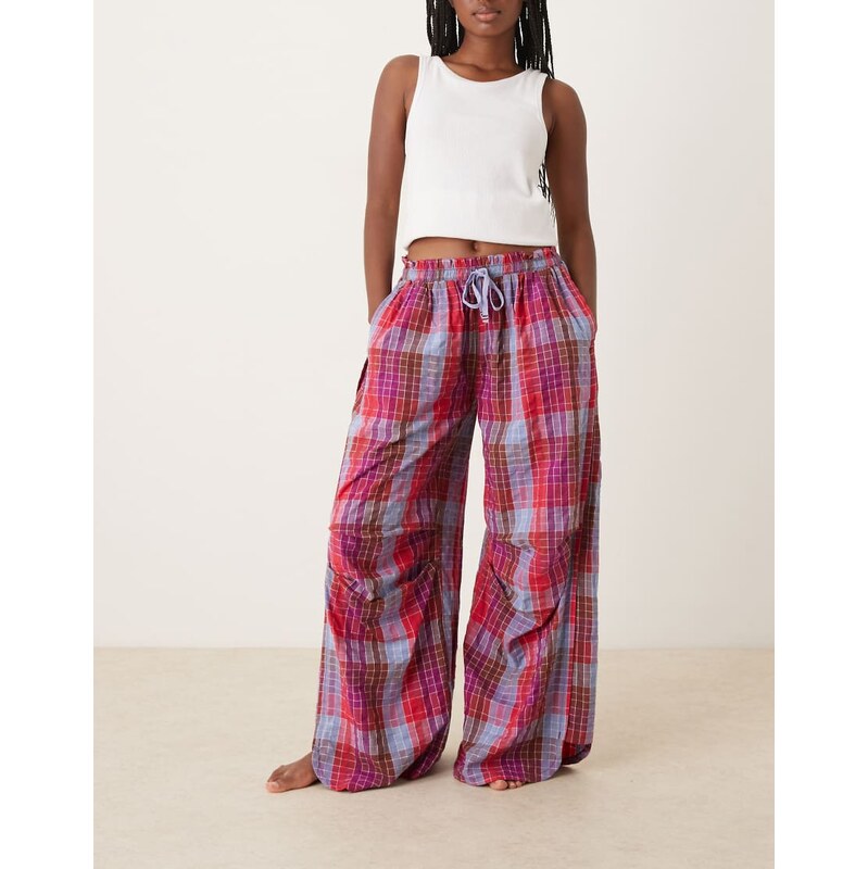 Free People wide leg check pyjama trousers in maroon-Red 115591444