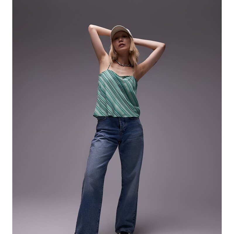 Topshop Petite mid rise loose fit straight jeans in vintage blue