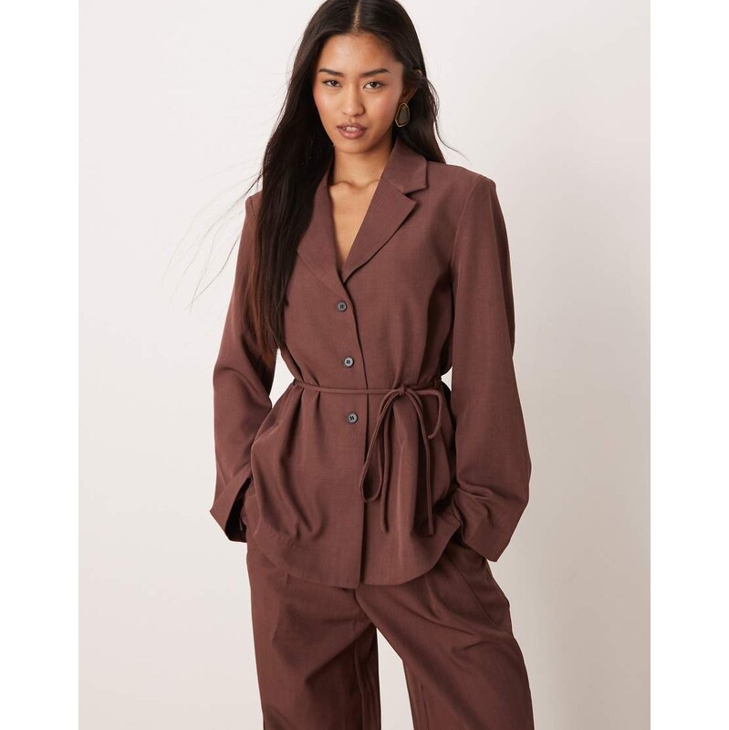 YAS tie waist blazer co-ord in burgundy melange-Red 110584602