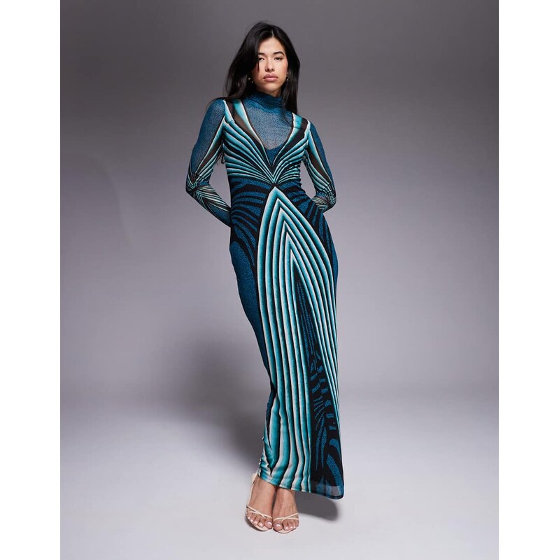 AFRM stretch mesh abstract stripe high neck long sleeve maxi