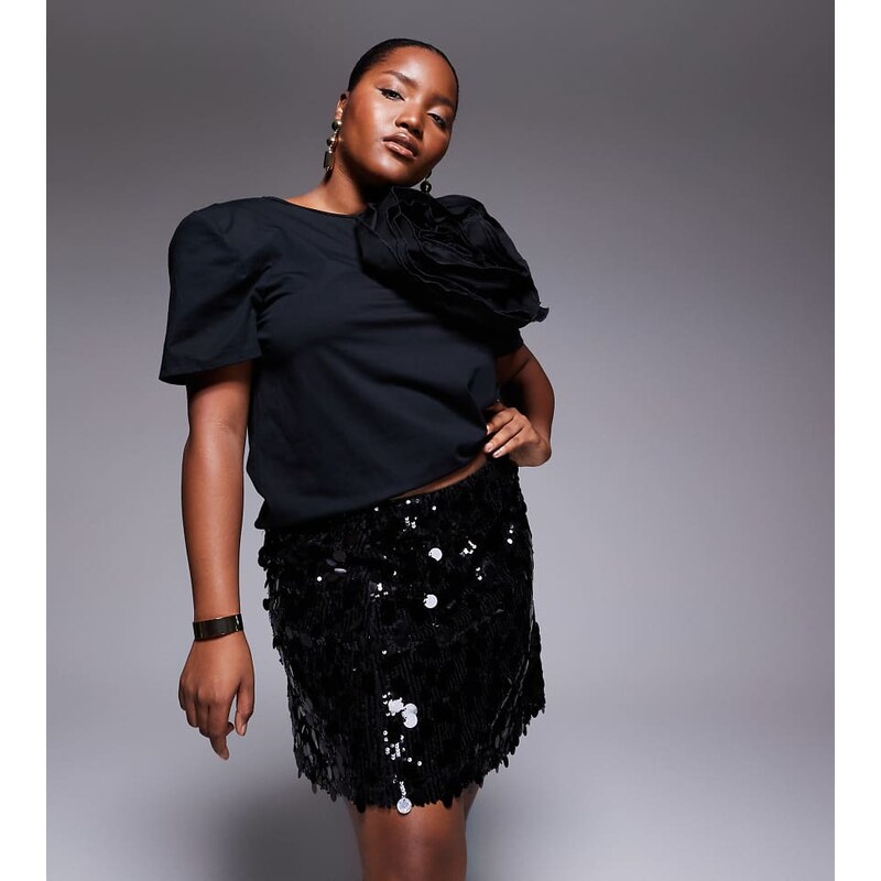 ASOS Curve ASOS DESIGN Curve mixed sequin mini skirt in black