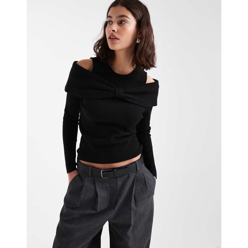 Threadbare cold shoulder long sleeve jumper with bow detail in black 110852340