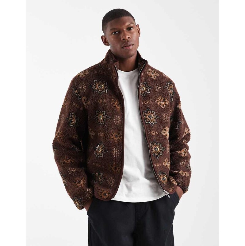 Jack & Jones printed teddy jacket in burgundy-Red