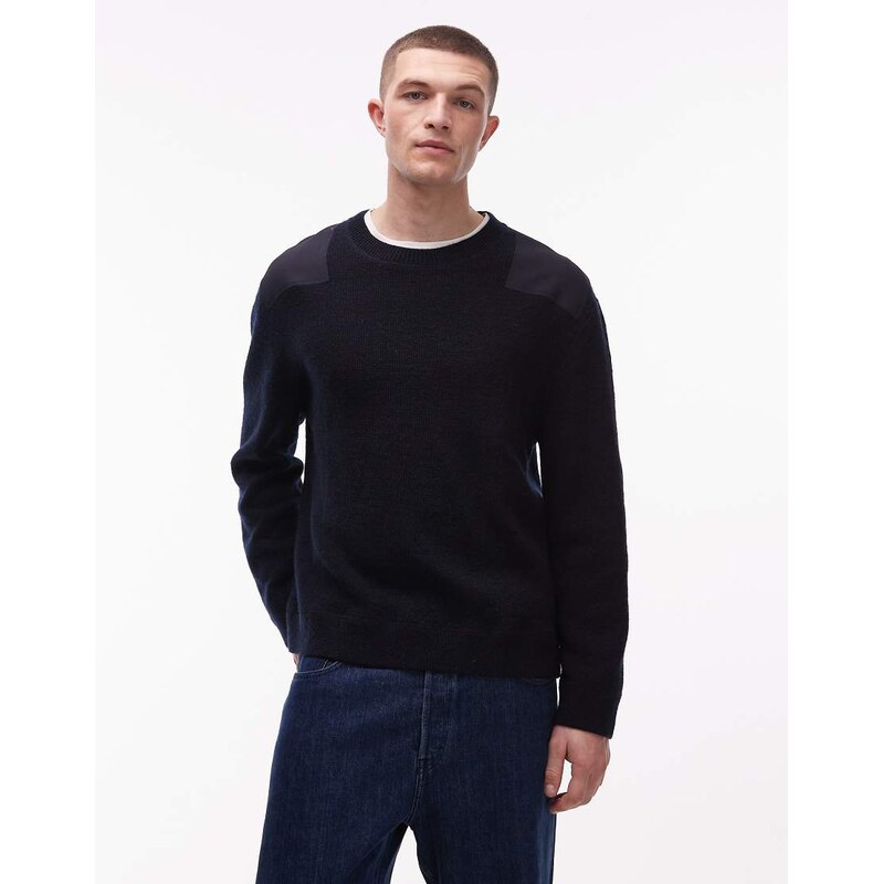 ARKET pure wool patch crew neck knitted jumper in black-Blue