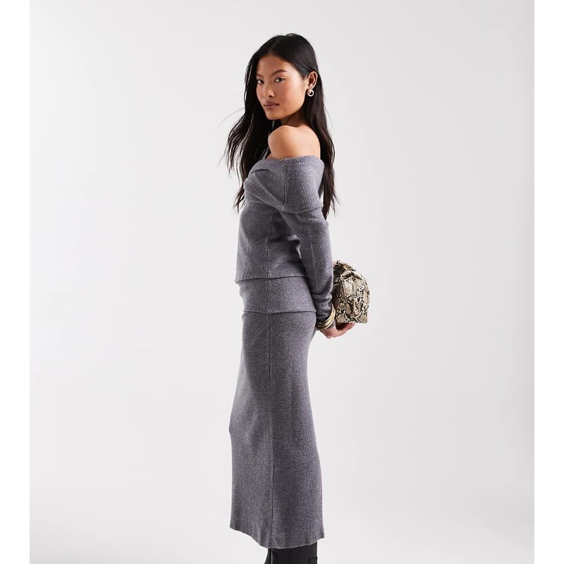 Vero Moda Petite soft touch folded waistband midi skirt co-ord in grey melange-Brown