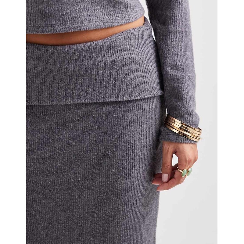 Vero Moda Petite soft touch folded waistband midi skirt co-ord in grey melange-Brown
