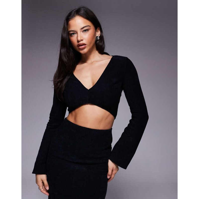 ASOS DESIGN co-ord brushed rib v front crop top with flare