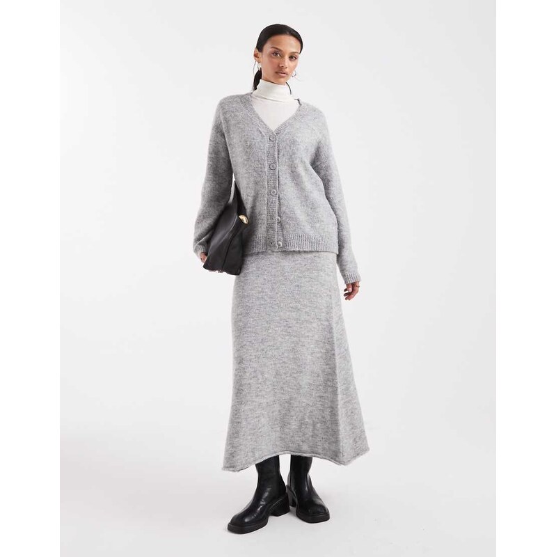 Pieces fluffy knitted midi skirt co-ord in medium grey melange 112274112