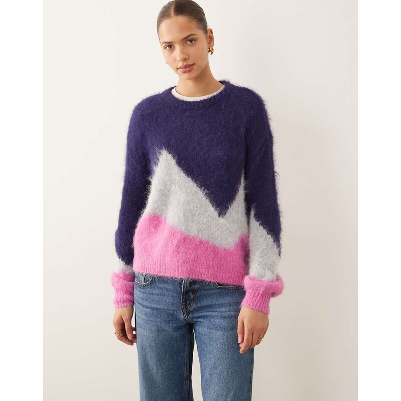 Vila fluffy knit jumper in blue and pink diagonal stripe-Multi 110584565