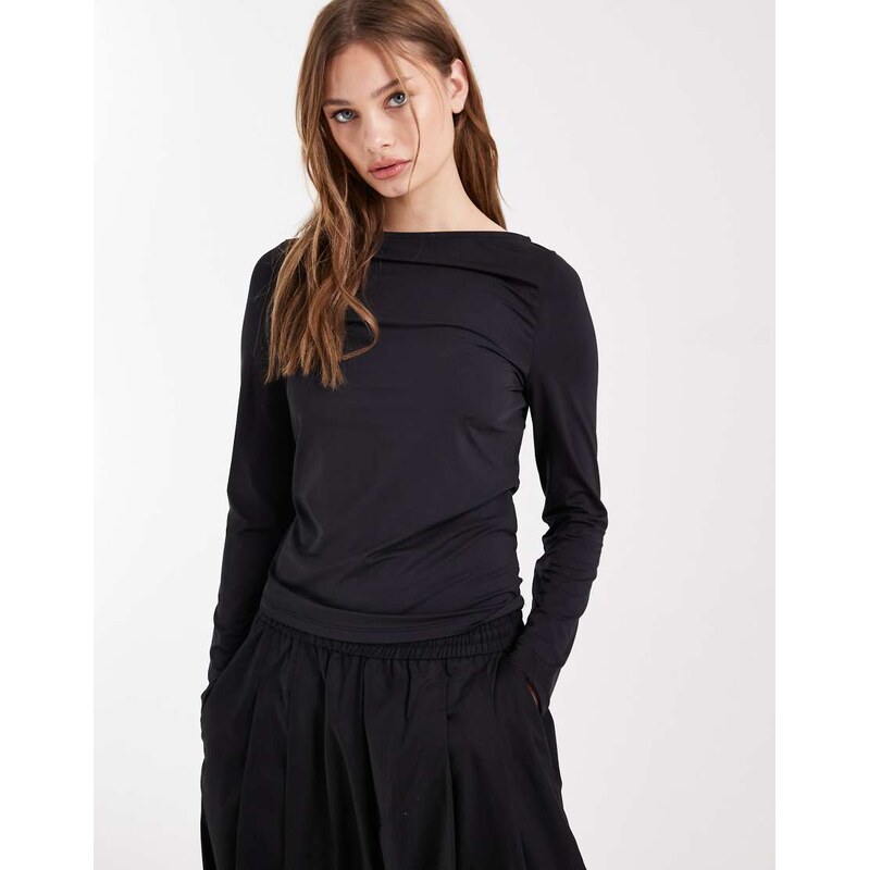 ASOS DESIGN slinky slash neck long sleeve top in black
