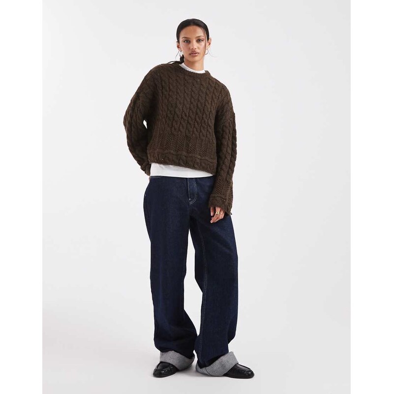 Pieces cable knit jumper in chocolate brown 110584615