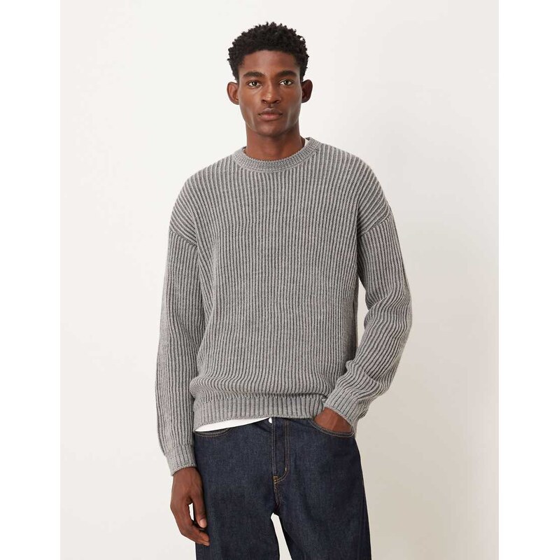 ASOS DESIGN relaxed long sleeve knitted crew neck rib jumper in charcoal-Grey