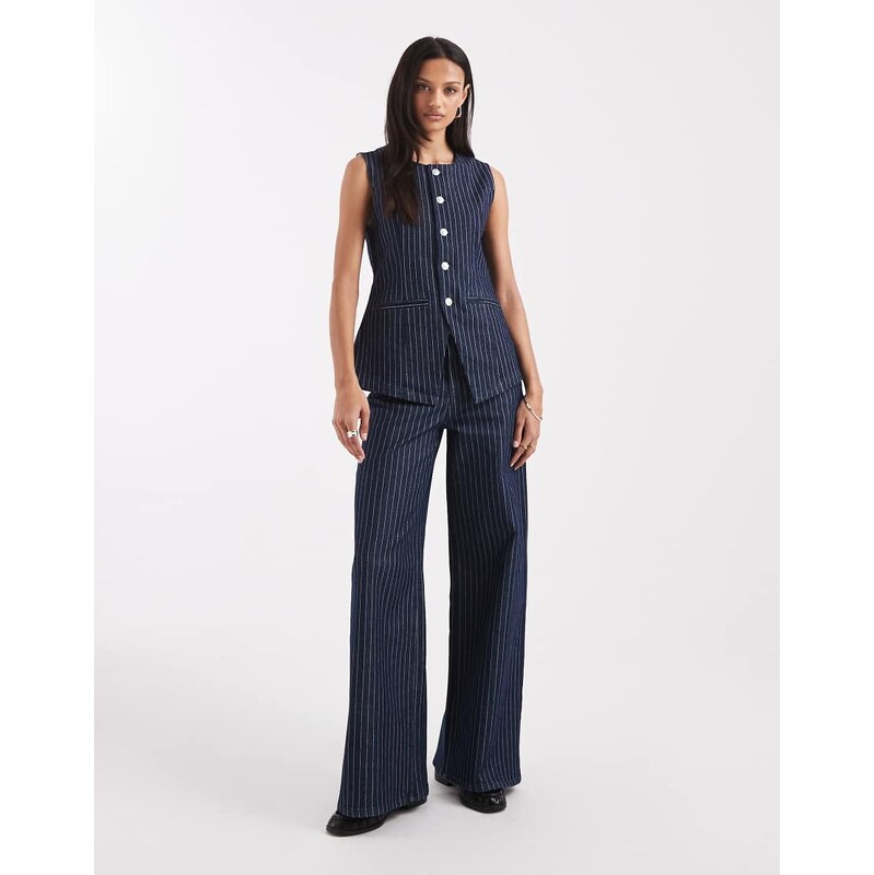 Pieces mid waist wide leg jeans co-ord in dark blue pinstripe