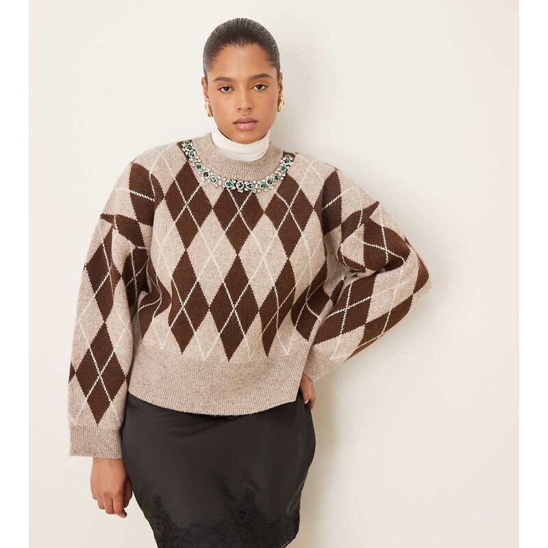 ASOS Curve ASOS DESIGN Curve argyle embellished neck jumper in brown 115517539