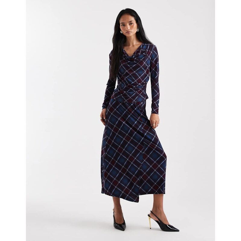 Vero Moda midi skirt co-ord in burgundy and blue check print-Red