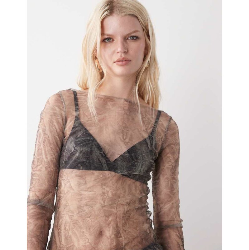 Weekday sheer mesh slash neck long sleeve top in crinkle print
