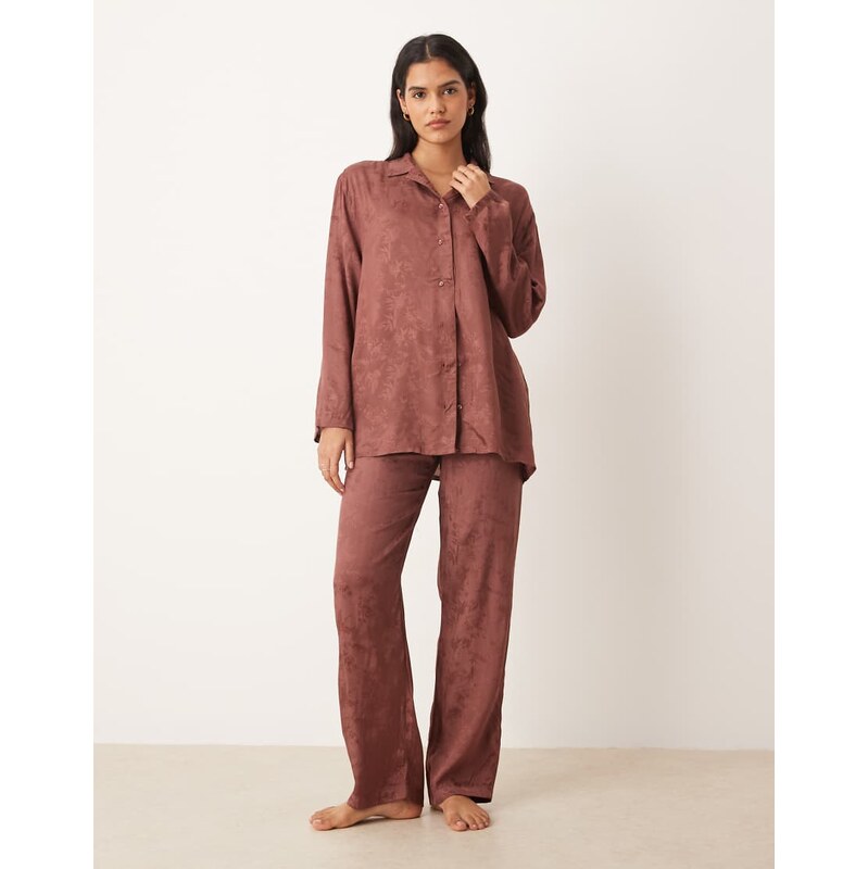 Mango satin jacquard pyjama trouser co-ord in brown 110584811