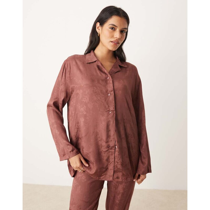Mango satin jacquard pyjama shirt co-ord in brown