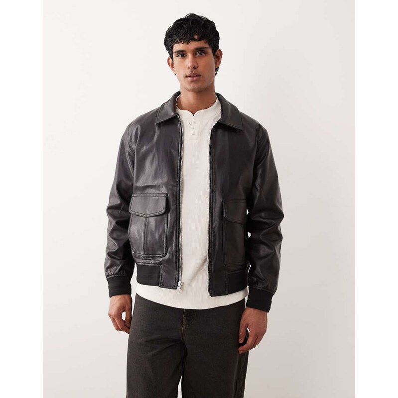 Abercrombie & Fitch vegan leather cropped aviator jacket in dark