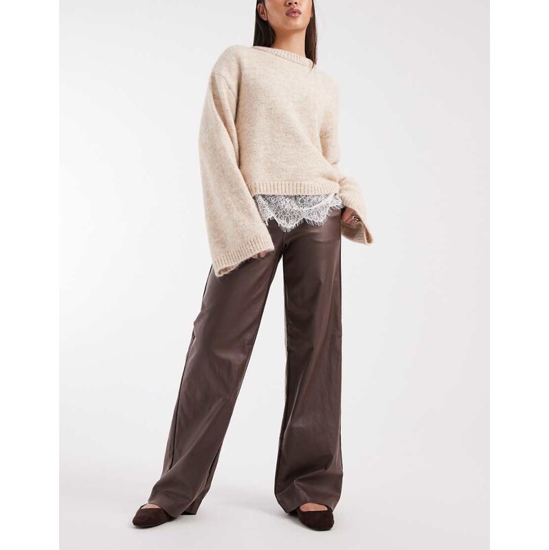 Object coated leather-look wide leg trousers in chocolate brown 115517388