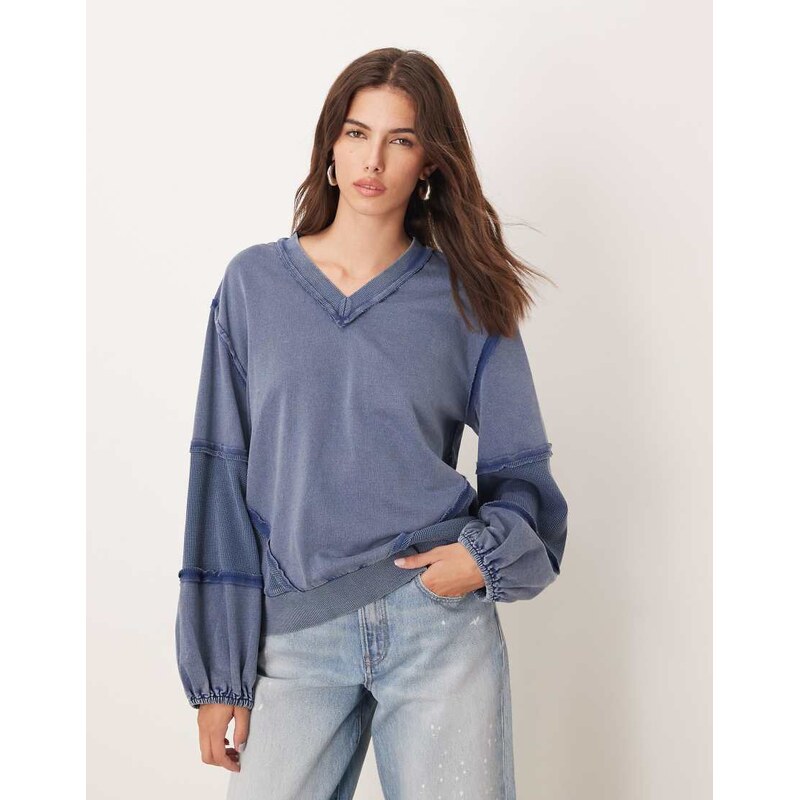 ASOS DESIGN v neck sweatshirt with waffle panel detail in washed blue 110585201
