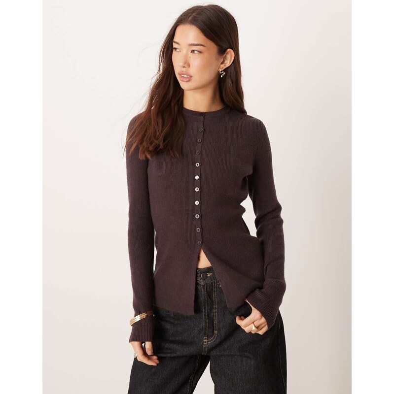 AWARE compact rib knitted mini button front cardigan in chocolate 110585217