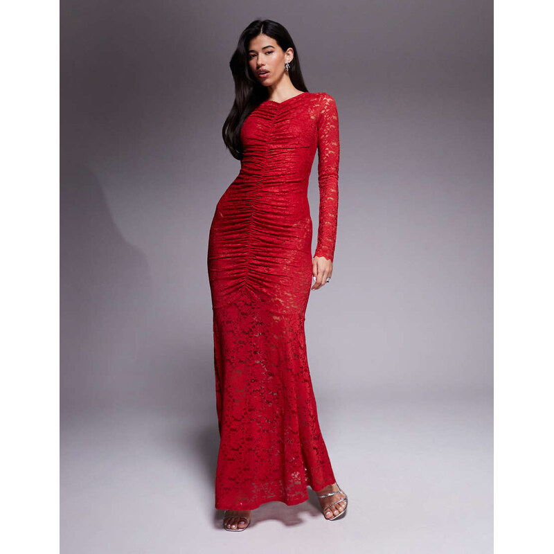 AFRM lace ruched long sleeve maxi dress with bodysuit in poppy