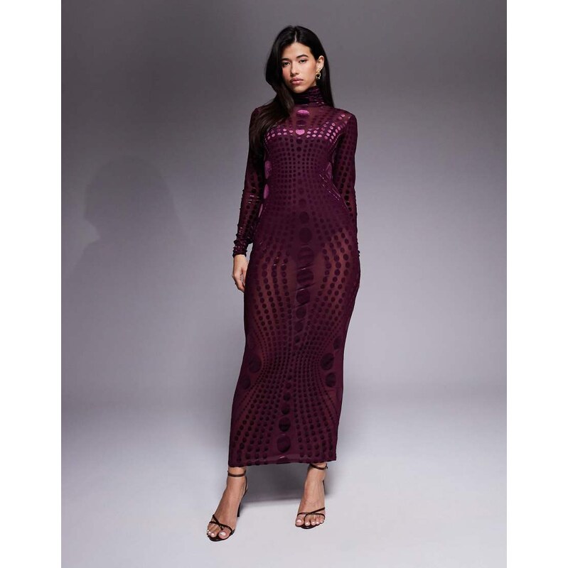 AFRM stretch mesh burnout high neck long sleeve maxi dress in