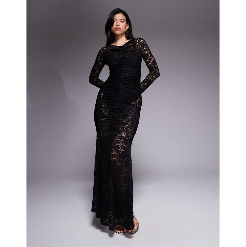 AFRM lace ruched long sleeve maxi dress with bodysuit in black 115517443