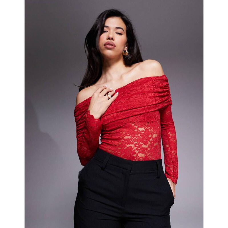 AFRM lace off the shoulder long sleeve bodysuit in poppy red 115517444