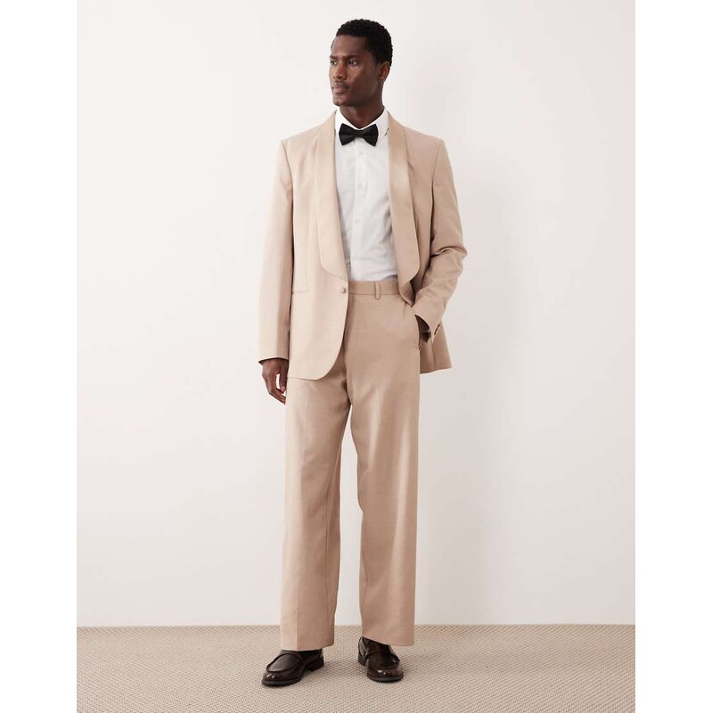 ASOS DESIGN wide tuxedo trousers in beige-Neutral