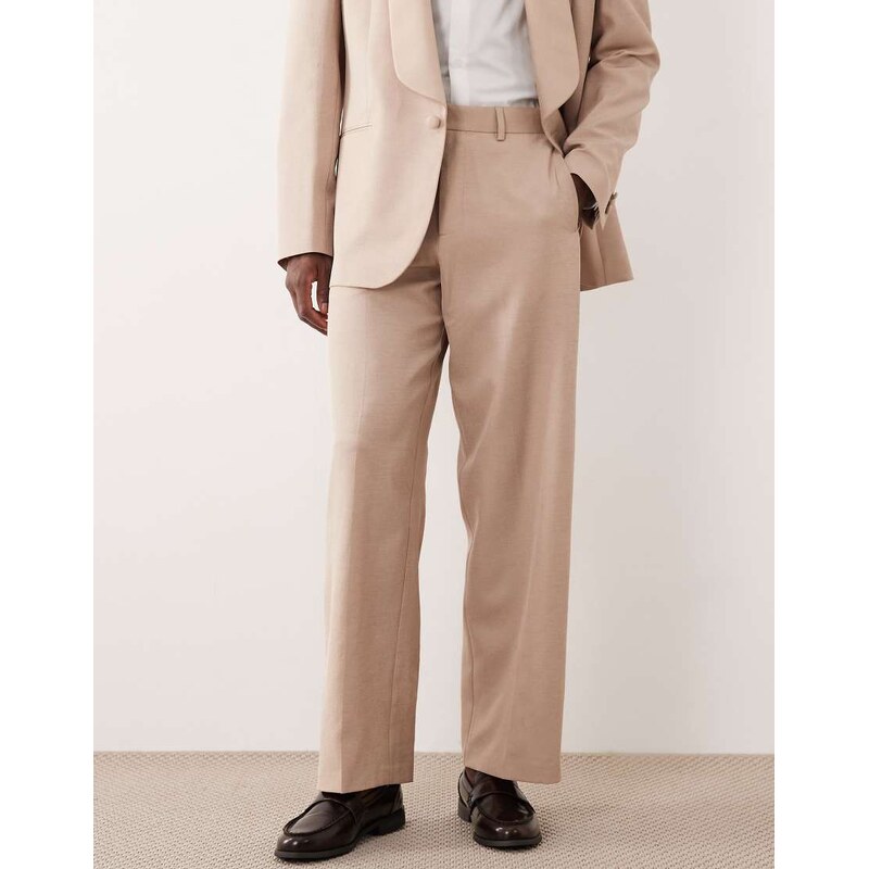 ASOS DESIGN wide tuxedo trousers in beige-Neutral