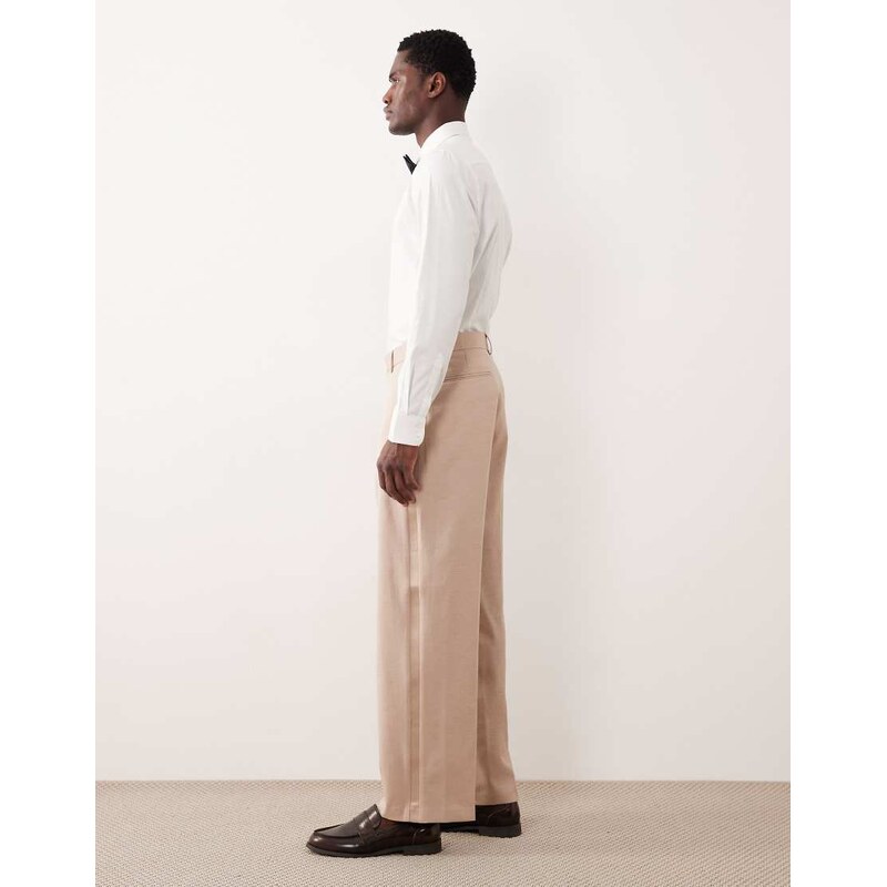 ASOS DESIGN wide tuxedo trousers in beige-Neutral