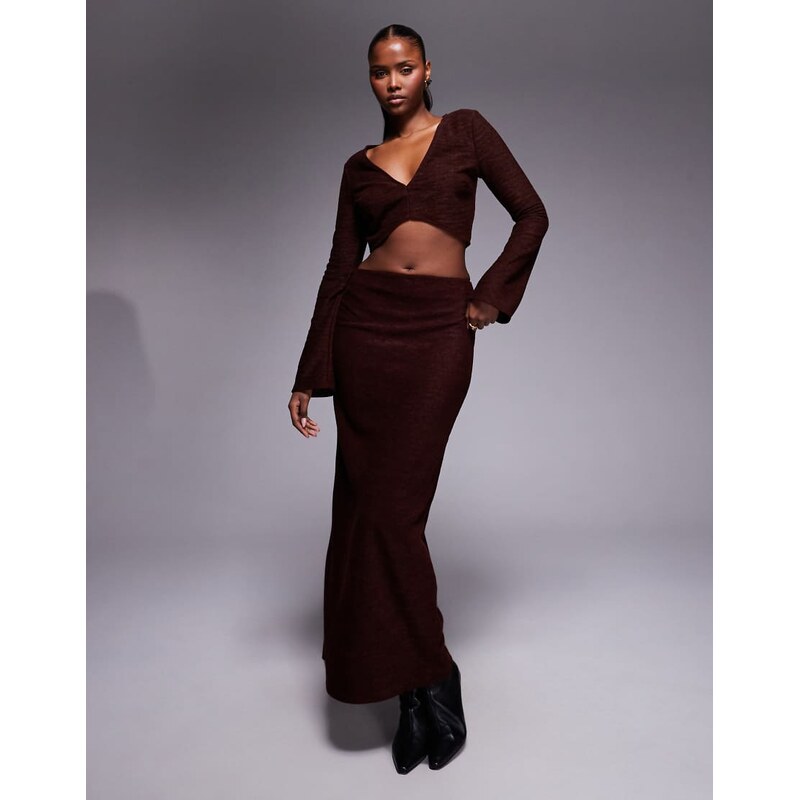 ASOS DESIGN co-ord brushed rib column maxi skirt in chocolate