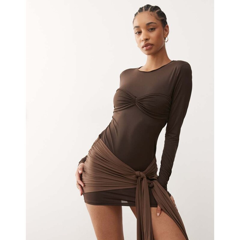 Lioness Midnight slinky long sleeve contrast drape tie skirt detail 115518569