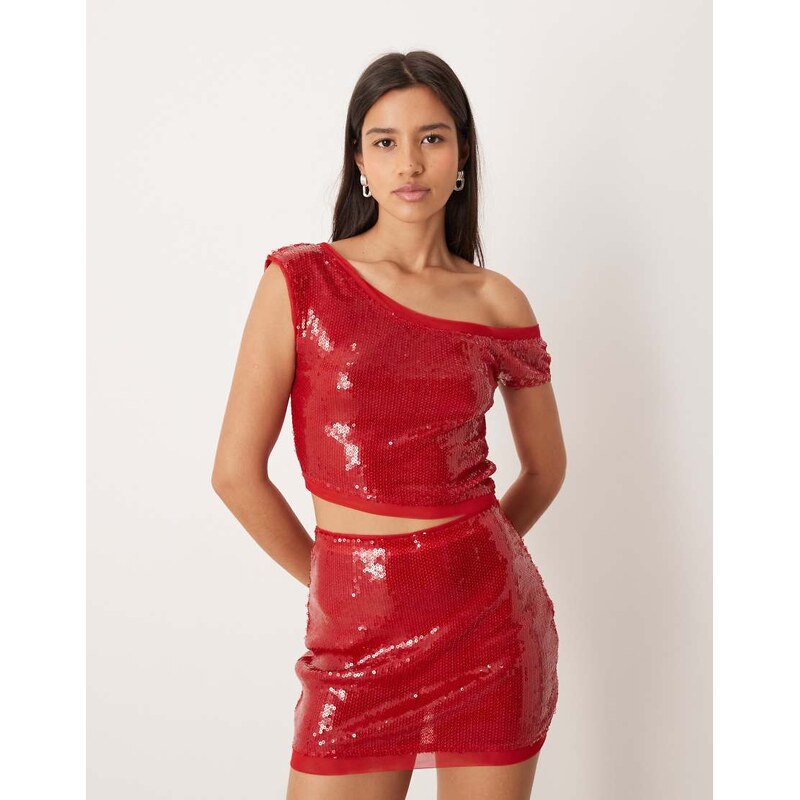 ASOS DESIGN co-ord sequin mesh mix asymmetric off shoulder top